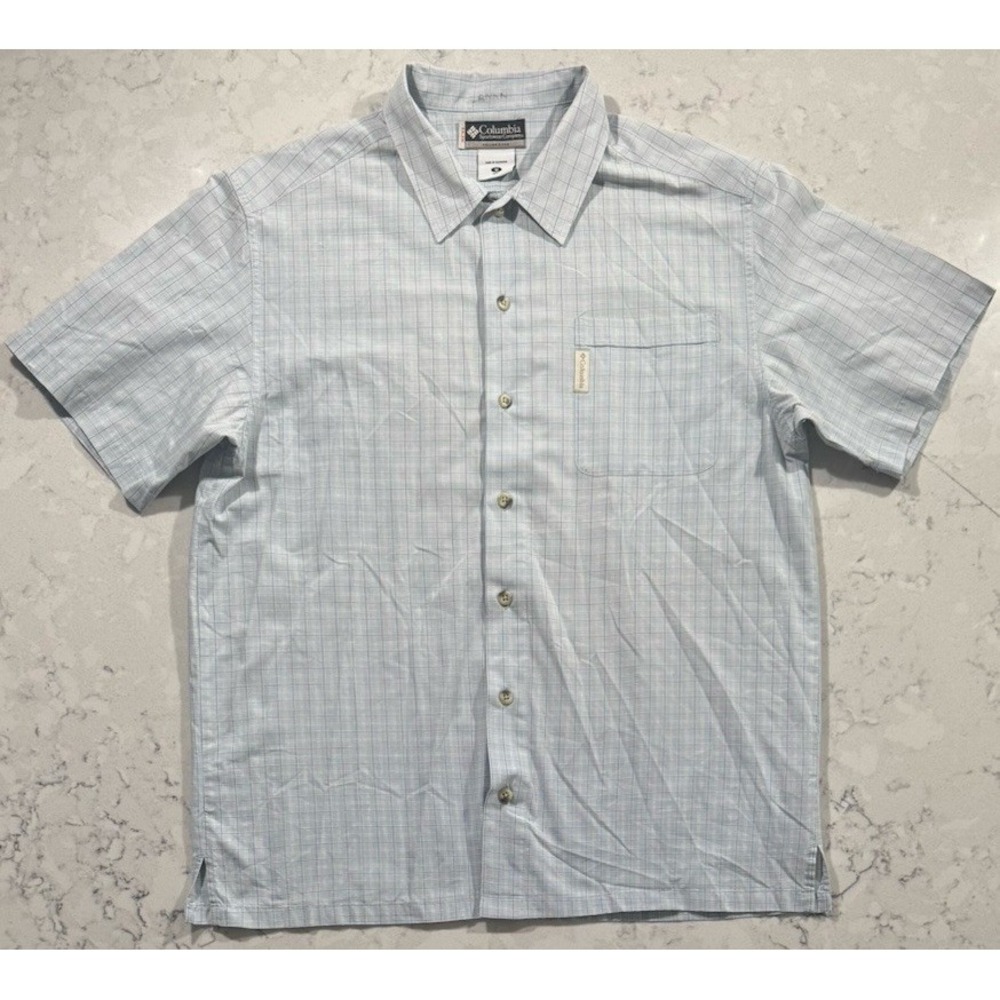 Columbia Sportswear Shirt Mens Medium Light Blue Plaid Short Sleeve Button Up